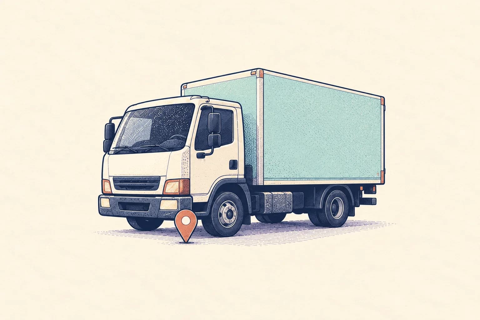 Ink-and-paper illustration of one delivery truck with a small route marker