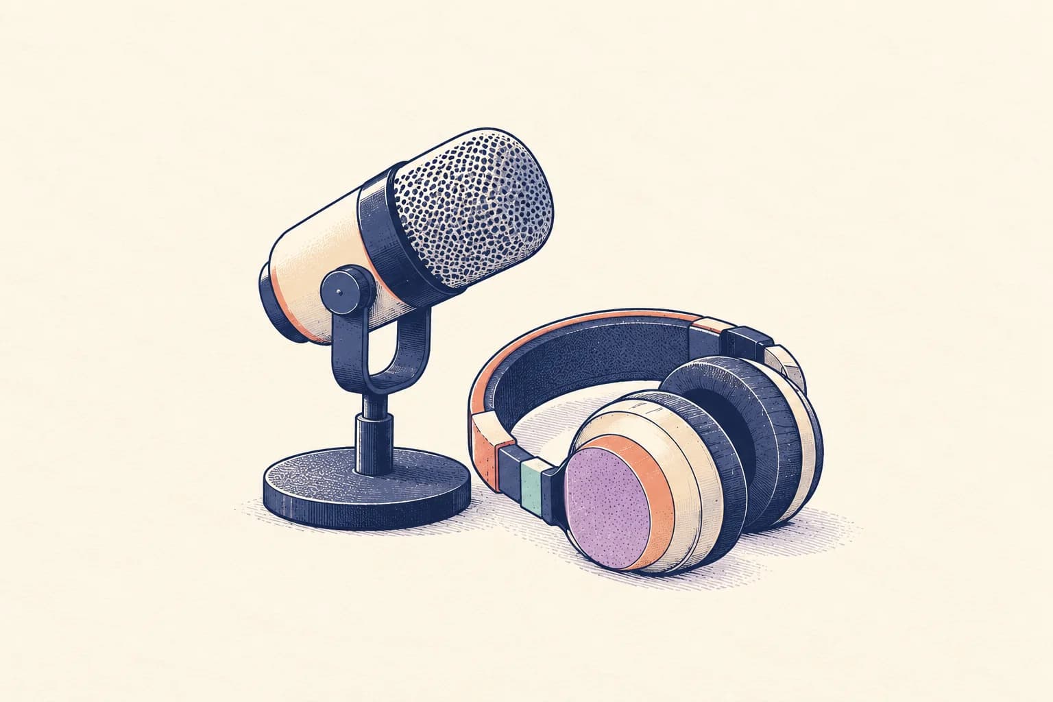 Ink-and-paper illustration of a compact studio microphone and headphones