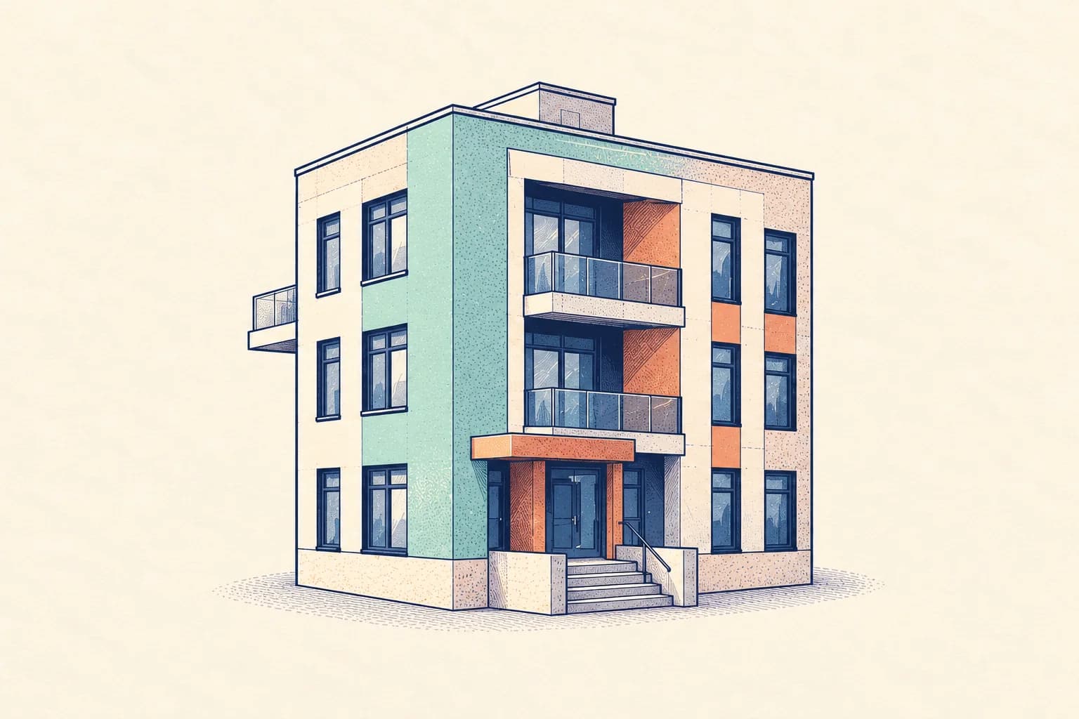 Ink-and-paper illustration of one compact residential building with balconies