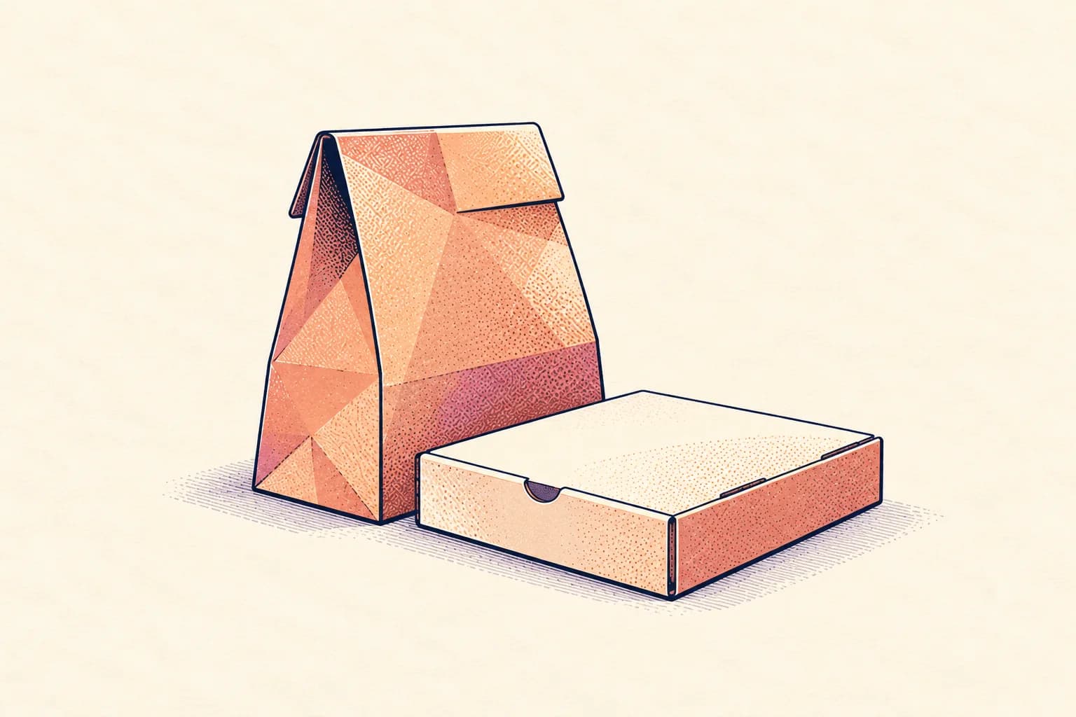Ink-and-paper illustration of a takeaway bag and a closed food carton